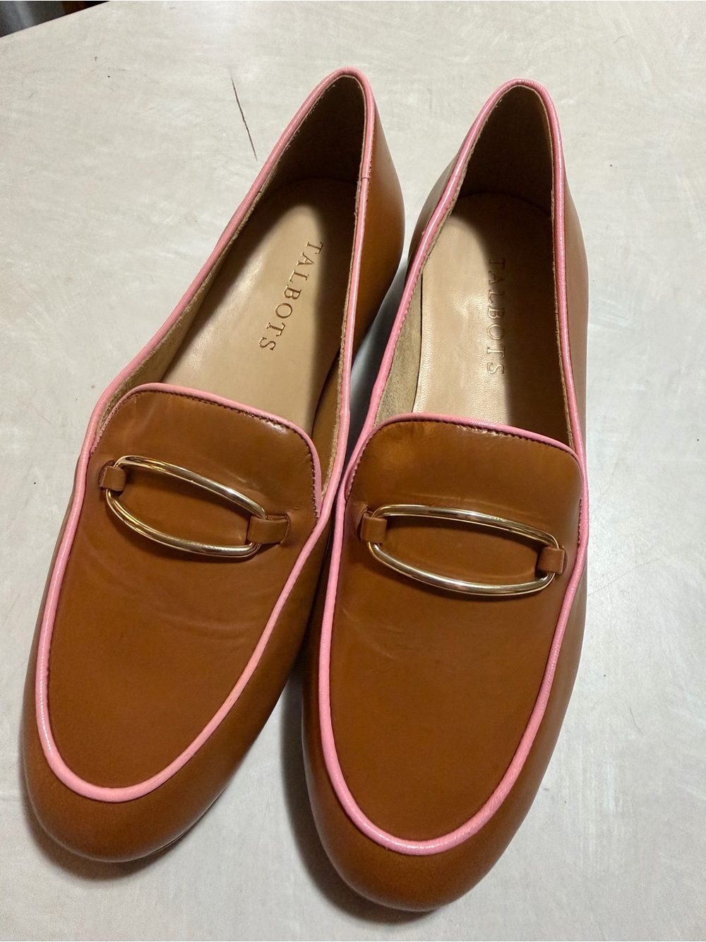 Talbots Brown Leather Loafers with Pink Trim and Gold Accent